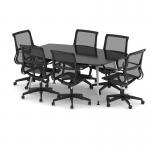 High Gloss 1800mm Writable Boardroom Table Black Top with Set of Six Lula Mesh Chairs BUND1443