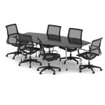 High Gloss 2400mm Writable Boardroom Table Black Top with Set of Six Lula Mesh Chairs BUND1445