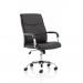 The photo shows a stylish set of dynamic high back chairs in black, made with luxury faux leather. The chairs feature sleek arms and a modern design, adding a touch of sophistication to any space.