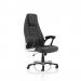 The picture shows two sleek and modern chairs in a black leather look, with tall, curved backrests and shiny metal frames. These dynamic high back chairs would make a stylish addition to any contemporary office or workspace.