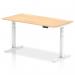 This image shows a sleek and modern dynamic sit stand and height adjustable desk. The desk measures 1600 x 800mm and features a maple top, white legs, and integrated cable ports for a clutter-free workspace. With its versatile height adjustment capabilities, this desk offers customizable comfort and convenience for any office setting.