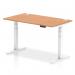 Air 1400 x 800mm Height Adjustable Office Desk Oak Top Cable Ports White Leg HA01118