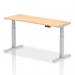 The picture shows a sleek, modern office desk with a spacious maple top and silver legs. It features cable ports for easy organization and can be easily adjusted in height for sitting or standing. The dynamic design and 1600 x 600mm size make it suitable for any office space.