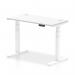 This photo features a sleek white desk with a smooth, adjustable surface. The legs are also white and there are convenient cable ports for organization. Perfect for any modern office space.