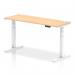 This picture shows a spacious, rectangular office desk with a smooth maple top and clean white legs. The desk is height adjustable, with a dynamic sit-stand feature and integrated cable ports for convenient use. The dimensions of the desk are 1600 x 600mm.