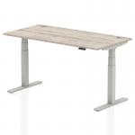 Air 1600 x 800mm Height Adjustable Office Desk Grey Oak Top Cable Ports Silver Leg HA01173