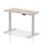 Air 1200 x 600mm Height Adjustable Office Desk Grey Oak Top Cable Ports Silver Leg HA01177