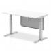 The image shows a sleek, modern 1400 x 800mm white top office desk with silver adjustable legs and a matching silver steel modesty panel. The desk appears to have a dynamic sit stand feature and can easily adjust to various heights. It is a stylish and functional addition to any office space.
