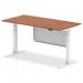 The photo features a sleek and modern office desk, measuring 1600 x 800mm, with a walnut top and white steel modesty panel. The desk is adjustable in height, allowing for both sitting and standing options, and features an air modesty design. The white leg adds a clean and stylish touch to this versatile piece of furniture.