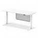 This photograph showcases a modern and versatile office workspace, featuring a 1800 x 800mm height adjustable desk with a white top and leg, along with a white steel modesty panel. The dynamic sit stand capabilities and air modesty create an ergonomic and functional design.
