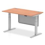 Air Modesty 1400 x 800mm Height Adjustable Office Desk Beech Top Cable Ports Silver Leg With Silver Steel Modesty Panel HA01322