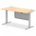 This photo showcases a dynamic sit stand and height adjustable desk, measuring 1600 x 800mm, with a maple top and silver leg. The desk also features cable ports and a silver steel modesty panel, creating a functional and modern office setup.
