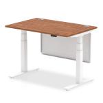 Air Modesty 1200 x 800mm Height Adjustable Office Desk Walnut Top Cable Ports White Leg With White Steel Modesty Panel HA01345