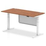 Air Modesty 1600 x 800mm Height Adjustable Office Desk Walnut Top Cable Ports White Leg With White Steel Modesty Panel HA01347