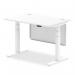 This picture features a dynamic sit stand and height adjustable desk with a white top, cable ports, and white steel modesty panel. The desk measures 1200 x 800mm and has a white leg. The desk is shown in an office setting.