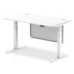 Air Modesty 1400 x 800mm Height Adjustable Office Desk White Top Cable Ports White Leg With White Steel Modesty Panel HA01350