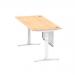 Air 1800 x 800mm Height Adjustable Desk Maple Top Cable Ports White Leg With White Steel Modesty Panel HA01356