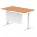 Air Modesty 1400 x 800mm Height Adjustable Office Desk Oak Top Cable Ports White Leg With White Steel Modesty Panel HA01358