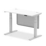 Air Modesty 1200 x 600mm Height Adjustable Office Desk White Top Cable Ports Silver Leg With Silver Steel Modesty Panel HA01369
