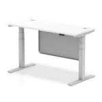 Air Modesty 1400 x 600mm Height Adjustable Office Desk White Top Cable Ports Silver Leg With Silver Steel Modesty Panel HA01370