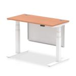 Air Modesty 1200 x 600mm Height Adjustable Office Desk Beech Top Cable Ports White Leg With White Steel Modesty Panel HA01381