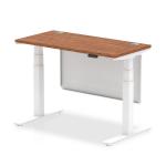 Air Modesty 1200 x 600mm Height Adjustable Office Desk Walnut Top Cable Ports White Leg With White Steel Modesty Panel HA01385