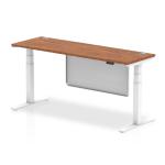 Air Modesty 1800 x 600mm Height Adjustable Office Desk Walnut Top Cable Ports White Leg With White Steel Modesty Panel HA01388