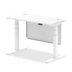 Air Modesty 1200 x 600mm Height Adjustable Office Desk White Top Cable Ports White Leg With White Steel Modesty Panel HA01389