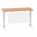 Air Modesty 1400 x 600mm Height Adjustable Office Desk Oak Top Cable Ports White Leg With White Steel Modesty Panel HA01398