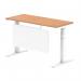 Air Modesty 1400 x 600mm Height Adjustable Office Desk Oak Top Cable Ports White Leg With White Steel Modesty Panel HA01398