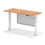 Air Modesty 1400 x 600mm Height Adjustable Office Desk Oak Top Cable Ports White Leg With White Steel Modesty Panel HA01398
