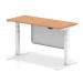 Air 1400 x 600mm Height Adjustable Desk Oak Top Cable Ports White Leg With White Steel Modesty Panel HA01398