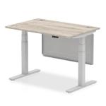 Air Modesty 1200 x 800mm Height Adjustable Office Desk Grey Oak Top Cable Ports Silver Leg With Silver Steel Modesty Panel HA01409