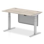 Air Modesty 1400 x 800mm Height Adjustable Office Desk Grey Oak Top Cable Ports Silver Leg With Silver Steel Modesty Panel HA01411