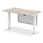 Air Modesty 1400 x 800mm Height Adjustable Office Desk Grey Oak Top Cable Ports White Leg With White Steel Modesty Panel HA01412