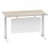 Air 1400 x 800mm Height Adjustable Desk Grey Oak Top Cable Ports White Leg With White Steel Modesty Panel HA01412