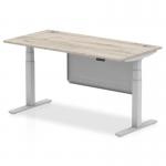 Air Modesty 1600 x 800mm Height Adjustable Office Desk Grey Oak Top Cable Ports Silver Leg With Silver Steel Modesty Panel HA01413