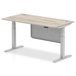 Air Modesty 1600 x 800mm Height Adjustable Office Desk Grey Oak Top Cable Ports Silver Leg With Silver Steel Modesty Panel HA01413