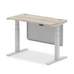 Air Modesty 1200 x 600mm Height Adjustable Office Desk Grey Oak Top Cable Ports Silver Leg With Silver Steel Modesty Panel HA01417