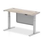 Air Modesty 1400 x 600mm Height Adjustable Office Desk Grey Oak Top Cable Ports Silver Leg With Silver Steel Modesty Panel HA01418