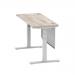 Air 1400 x 600mm Height Adjustable Desk Grey Oak Top Cable Ports Silver Leg With Silver Steel Modesty Panel HA01418