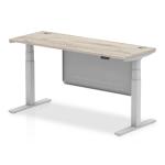 Air Modesty 1600 x 600mm Height Adjustable Office Desk Grey Oak Top Cable Ports Silver Leg With Silver Steel Modesty Panel HA01419