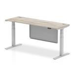 Air Modesty 1800 x 600mm Height Adjustable Office Desk Grey Oak Top Cable Ports Silver Leg With Silver Steel Modesty Panel HA01420