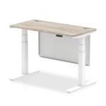 Air Modesty 1200 x 600mm Height Adjustable Office Desk Grey Oak Top Cable Ports White Leg With White Steel Modesty Panel HA01421