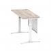 Air Modesty 1400 x 600mm Height Adjustable Office Desk Grey Oak Top Cable Ports White Leg With White Steel Modesty Panel HA01422