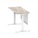 Air 1400 x 600mm Height Adjustable Desk Grey Oak Top Cable Ports White Leg With White Steel Modesty Panel HA01422