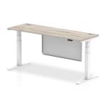 Air Modesty 1800 x 600mm Height Adjustable Office Desk Grey Oak Top Cable Ports White Leg With White Steel Modesty Panel HA01424
