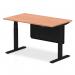 The image shows a modern and versatile office desk. It features a beech top, black legs, and a black steel modesty panel. The desk is 1400 x 800mm and can be easily adjusted in height for sitting or standing positions. It promotes a dynamic and ergonomic work environment.
