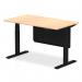 This image shows a modern and versatile office desk. It features a dynamic sit stand function and height adjustability, with a maple top and black steel legs. The desk also has a black steel modesty panel for added privacy.