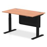Air Modesty 1400 x 800mm Height Adjustable Office Desk Beech Top Cable Ports Black Leg With Black Steel Modesty Panel HA01446